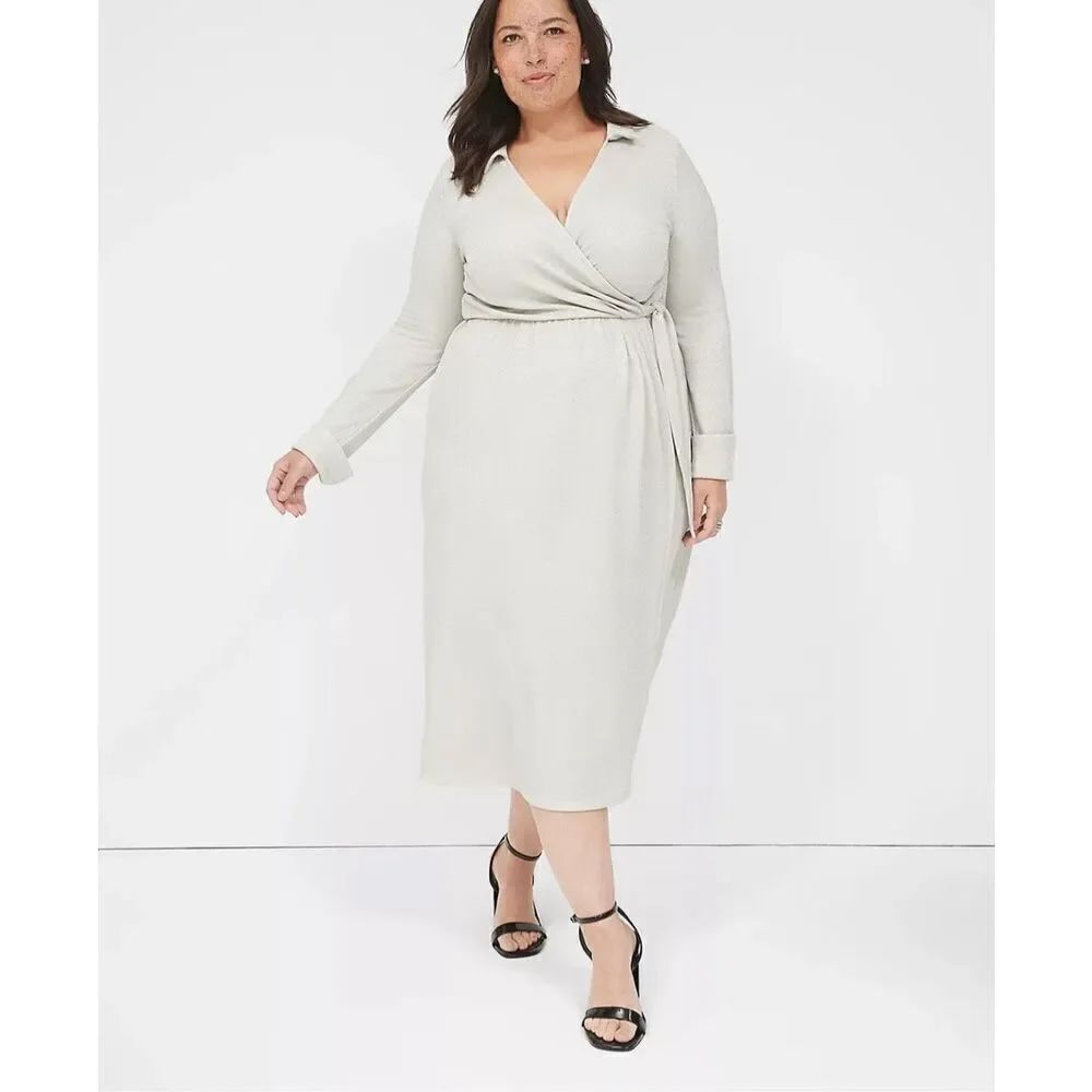 NWT Lane Bryant Lurex Faux-Wrap Collar Midi Dress in Birch Women’s 26/28LONG